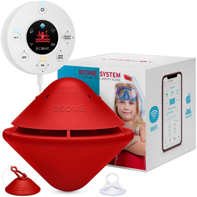 BCone Pool Alarm System — pool unit, home unit, app, and packaging