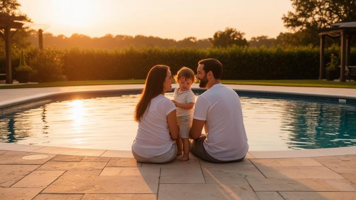 Family by the pool at sunset